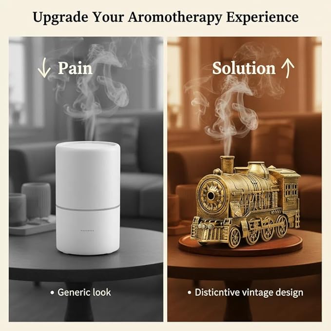 Train Humidifier with Essential Oil Diffuser - 300ML Large Capacity Ultrasonic Dual Mist Output, 4Color LED Night Light with Remote Control, Auto-Off, Ultra Quiet for Bedroom Office Desk (Copper)