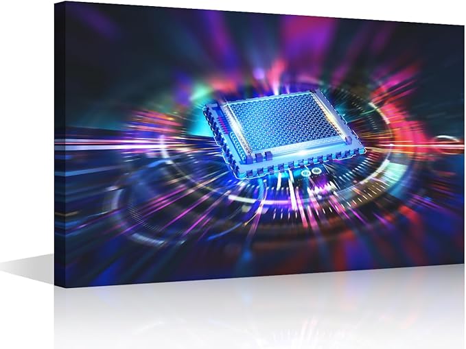 AI Canvas Wall Art for Bedroom Living Room Computer Chip Modern Home Decor CPU Concept Painting Pictures Futuristic CPU Office Wall Decor Contemporary House Artwork Frame Ready to Hang, 24x16in