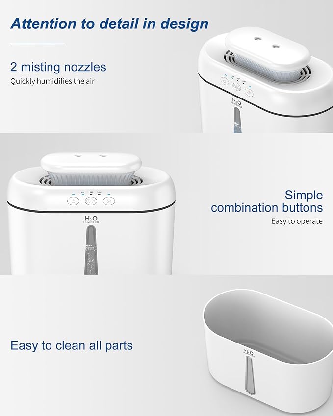 SZO Double Spray Humidifiers for Bedroom Large Room, 2.5L Cool Mist Humidifier for Plants Baby Nursery, Dual Nozzle Output, 16dB Quiet, Auto Shut-Off, Night Light, White