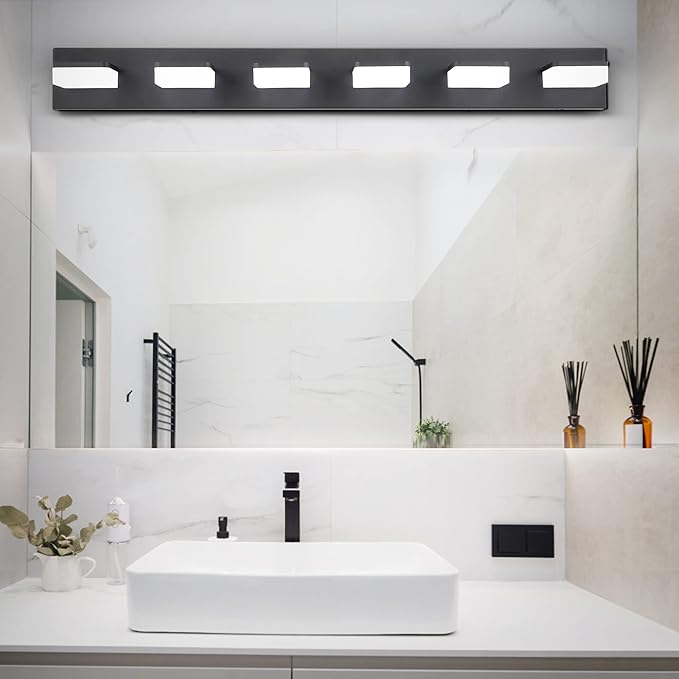 3 Colors Dimmable Bathroom Light Fixtures Over Mirror, LED Black Vanity Lights, Acrylic Stainless Steel 6 Light Bathroom Vanity Light Fixtures, Adjustable 3000K/4000K/6000K, 360° Rotate