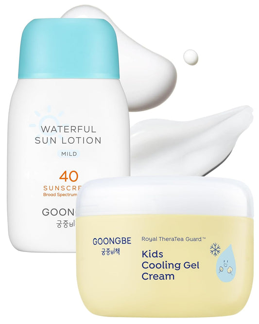 Kids Sun Lotion SPF 40 & Cooling Gel Cream - Zinc Oxide Mineral Sunscreen & 3-Second Soothing Relief - Korean Skincare for Sensitive Skin - Vegan Hypoallergenic, 2.82oz & 3.38oz