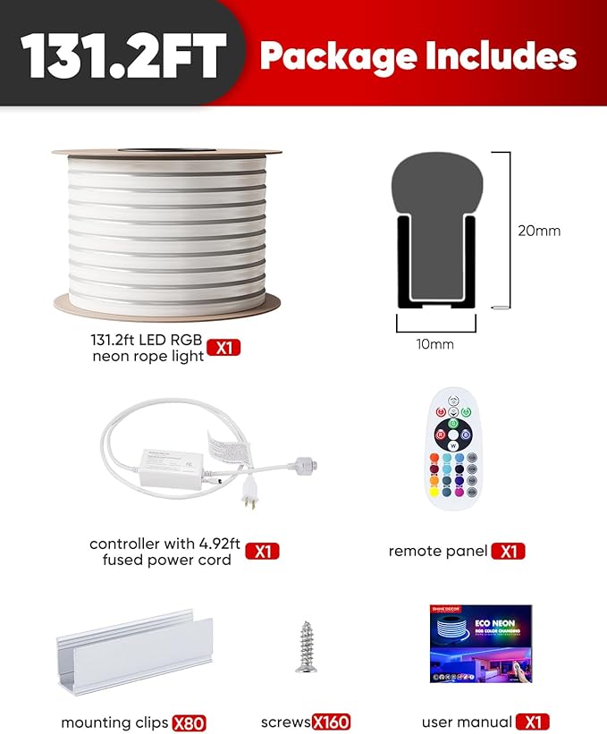 Shine Decor LED RGB Neon Rope Lights AC 120V, Expandable & Cuttable Bright Strip Lighting with Remote, Dimmable Color Changing, ETL Cold-Resistant & IP65 Waterproof for in&Outdoor, 10x20mm, 131.2FT