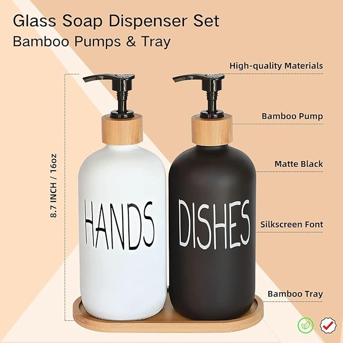 Glass Soap Dispenser Set, Hand Soap and Dish Soap Dispenser with Bamboo Tray. Vintage Soap Dispenser with Pump for Kitchen Drain Outlet and Bathroom. Stylish Permanent Labels (Matte Black&White)