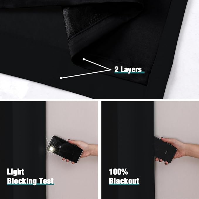 ChrisDowa 100% Blackout Curtains for Bedroom with Black Liner, 2 Thick Layers Total Blackout Thermal Insulated Grommet Long Window Curtains 2 Panels Set (Black, 52 x 95 Inch)
