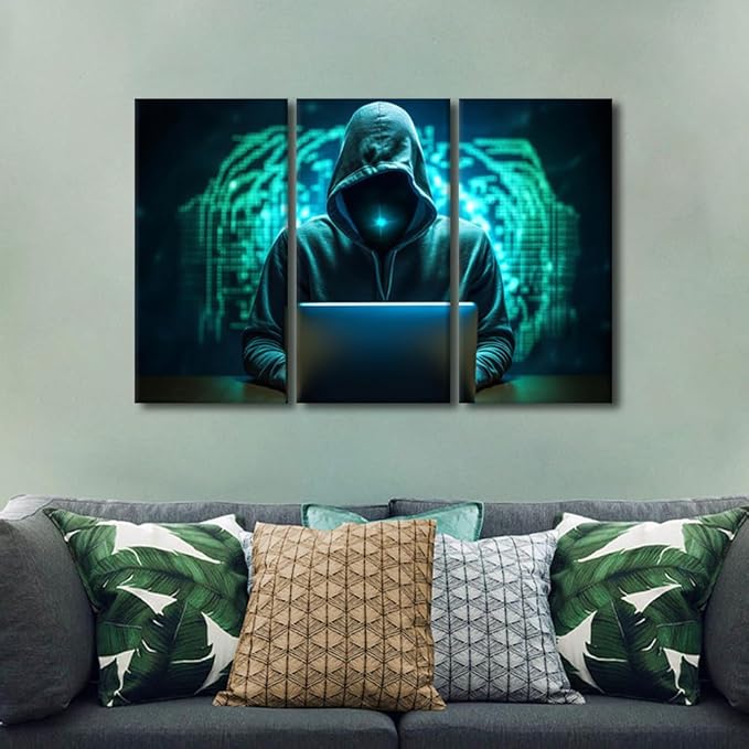 3 Pieces Wall Art AI Big Data Pictures Canvas Print Hacker Malware Artwork for Home Walls Framed Wall Art Data Paintings Giclee Gallery-wrapped Framed Ready to Hang, 42" Wx28 H