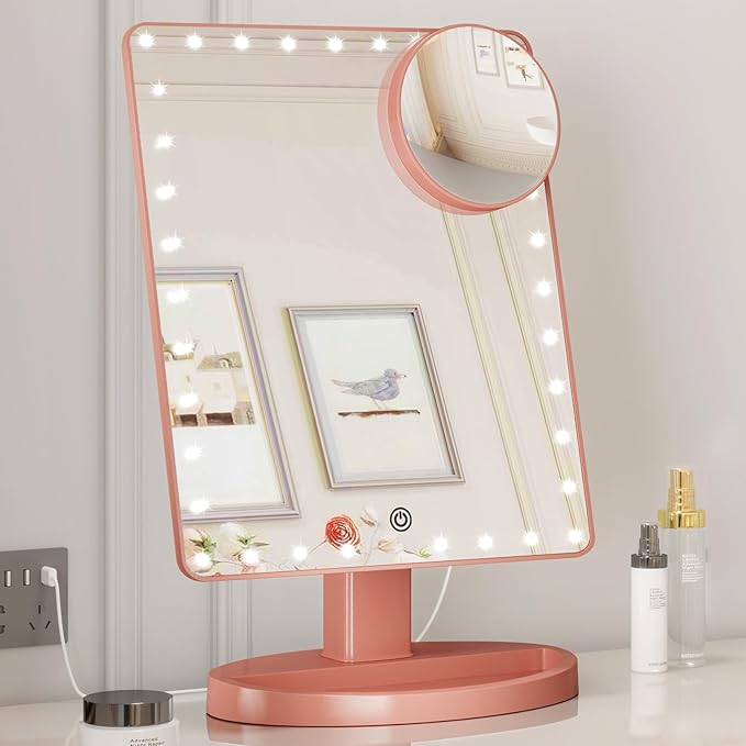 FUNTOUCH Large Lighted Makeup Mirror with Lights, Light Up Mirror with Small 10x Magnification for Desk, 360°Rotation Touch Screen,Brightness Adjustable Tabletop Cosmetic Vanity Make Up Mirror