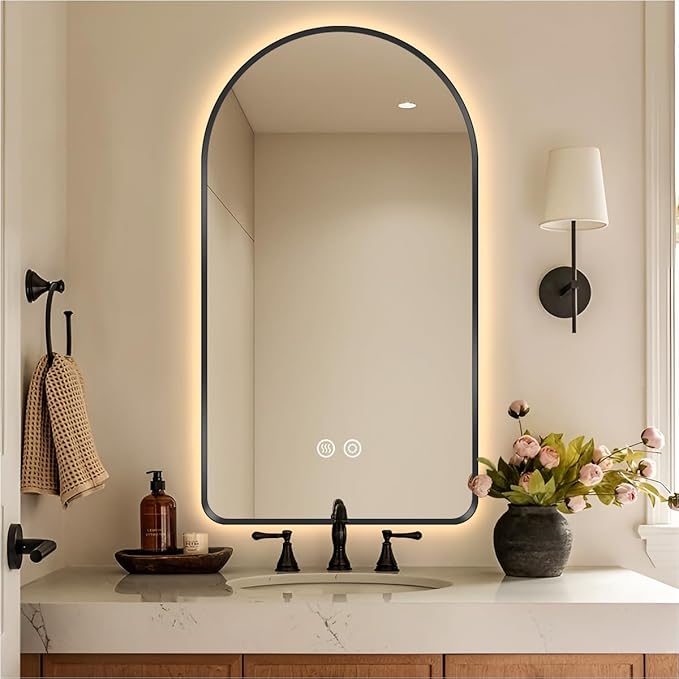 36" x 24" Arched LED Bathroom Mirror, Black Framed, Backlit Vanity Mirror with Lights, Wall Mounted Lighted Mirror, Dimmable 3-Color Shatter-Proof Arch Smart Mirror, UL-Listed, CRI≥93