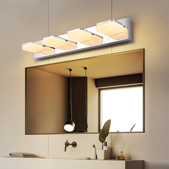 3 Colors Dimmable Vanity Lights for Bathroom, LED Chrome 4 Light Vanity Light, Acrylic Stainless Steel Bathroom Light Fixtures Over Mirror, Adjustable 3000K/4000K/6000K, 360° Rotate