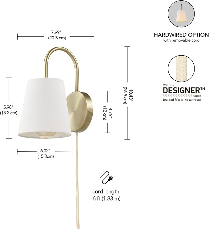 Globe Electric 65000053 1-Light Hardwire or Plug-in Wall Sconce, Matte Brass, White Textured Shade, Arched Arm, Lighting, Home Decor, Lights for Bedroom Plug in