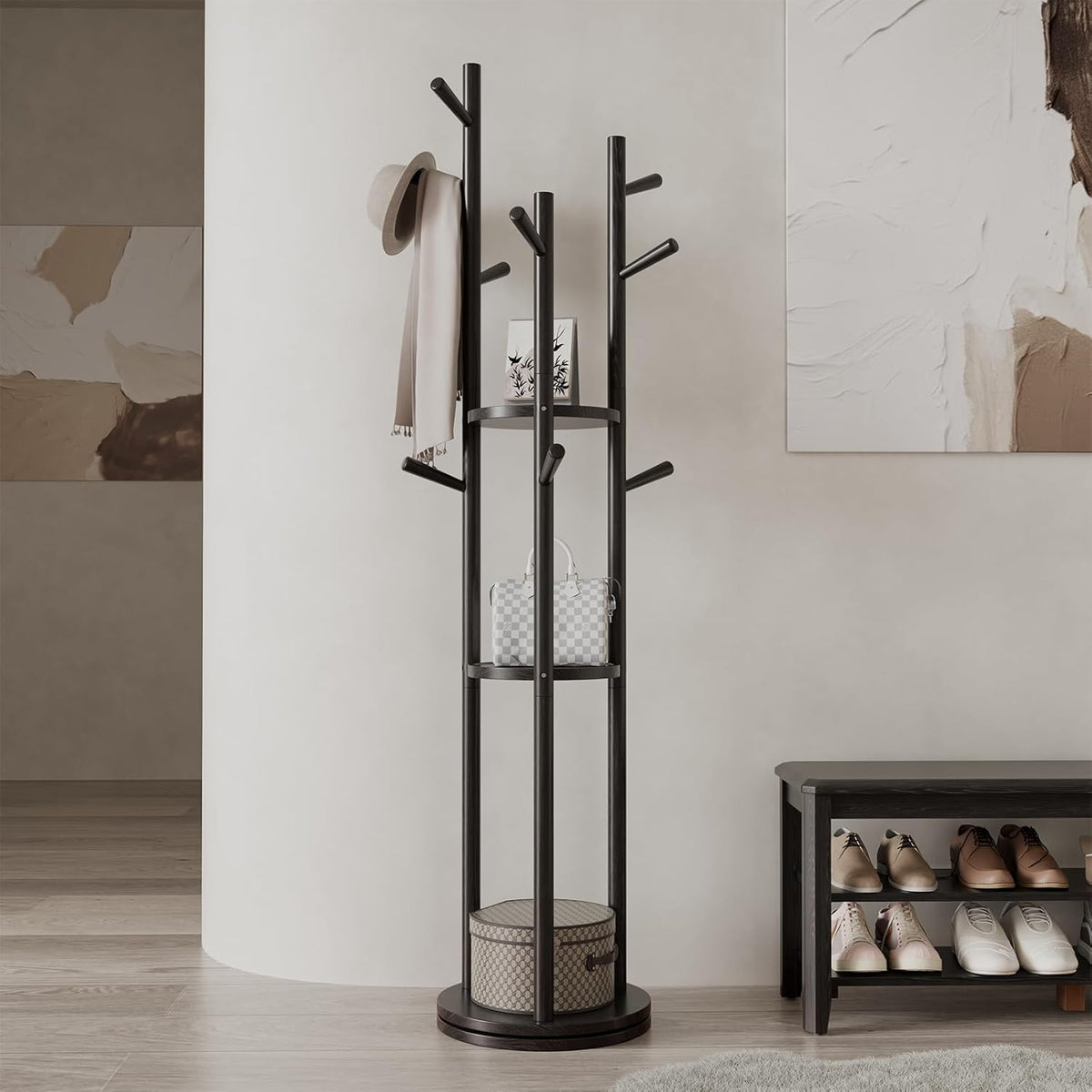 Solid Wood Rotary Coat Rack, Freestanding Coat Rack with 3 Shelves and 9 Hooks, Coat tree for Bedroom, Entryway, Livingroom, Coat Hanger Stand for Coats, Scarves, Handbags (Black)