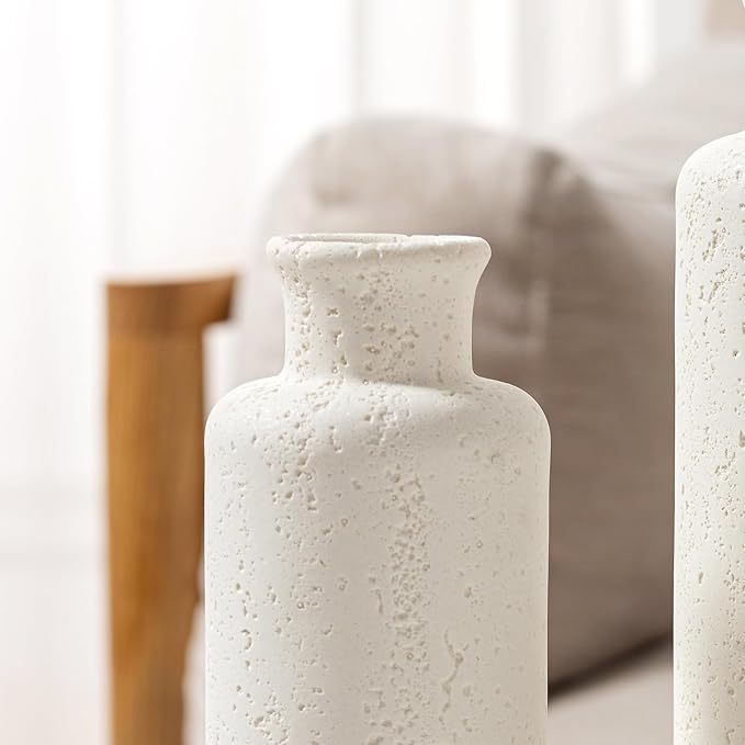 Flower Vase Set, Stone Look, 3 PCS Small Decorative Bud Vases for Pampas Grass, Farmhouse Decor, Kitchen, Living Room, Bathroom, Bedroom, Office, Shelf Centerpiece Table Decoration (White)