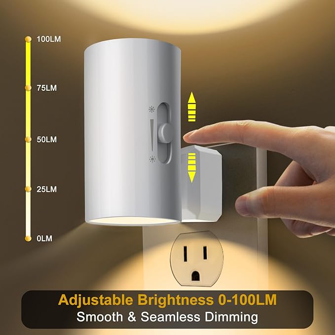 Night Light, Led Night Lights Plug into Wall, Sensor Dusk to Dawn, 0-100 LM Dimmable Night Lights, 3000K Soft White for Bathroom Bedroom Kitchen Toilet Hallway Stairway, 2 Pack