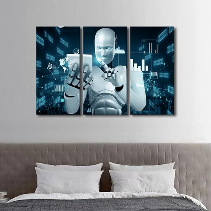 3 Pieces Banquet Wall Art AI Intelligence Artwork Wall Decor Canvas Wall Art Framed Wall Art Robot Prints on Canvas Wall Paintings Robot Posters Home Office Room Wall Decor, 42" Wx28 H
