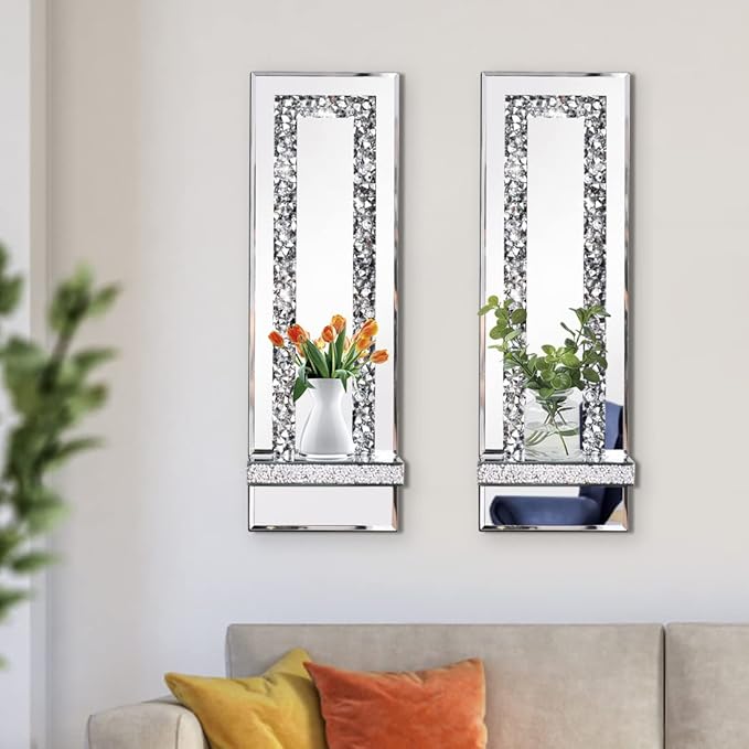 Crystal Crush Diamond Mirrored Candle Sconces, Silver Wall Candle Holder Set of 2, Wall Decorations for Living Room，Dining Room (Rectangle Stripe (Style 4))