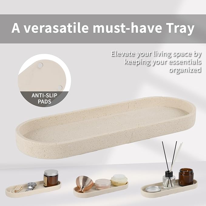 Bathroom Accessories Set,4 Piece Travertine Stone Look Bathroom Accessory Set with Soap Dispenser,Toothbrush Holder,Vanity Tray,Tumbler,Bathroom Organizer for Modern Bathrooms - Beige