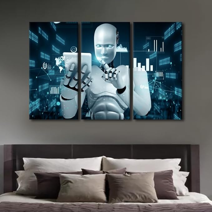 Banquet Art Prints for Wall Decor 3 Pieces Framed Wall Art AI Intelligence Modern Artwork for Home Walls Robot Canvas Prints Room Wall Decor Framed Ready to Hang Posters, 60" Wx40 H