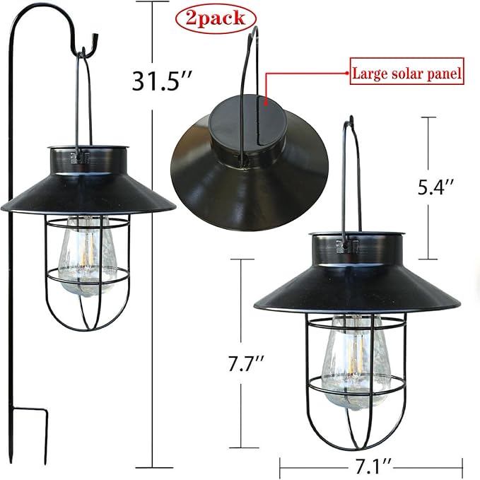 Solar Lantern 2pack Outdoor Hanging Light- Waterproof Vintage Metal Light with Shepherd Hook Decorative for Patio, Backyard, Porch, Yard (Black)