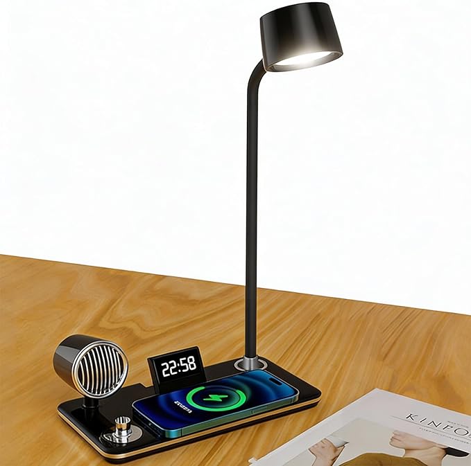 All-in-One Bedside Lamp with Wireless Charger, Digital Clock, Bluetooth Speaker & Adjustable Lighting - 15W Fast Wireless Charging, Dimmable 3 Color Modes, Flexible Gooseneck,HYT1772 Black.