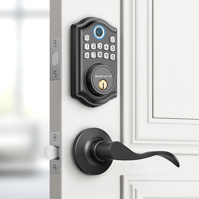 DS10 Keyless Entry Door Lock with 2 Lever Handle, Fingerprint, Keypad Code, 2 Keys, Smart Locks for Front Door, Bedroom, One-time Code, Auto-Lock, Easy Installation -Matte Black