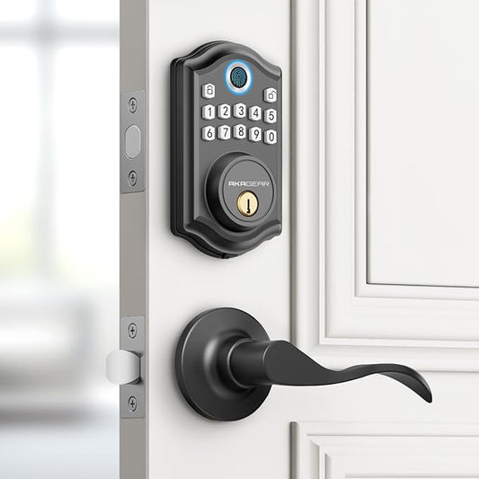 DS10 Keyless Entry Door Lock with 2 Lever Handle, Fingerprint, Keypad Code, 2 Keys, Smart Locks for Front Door, Bedroom, One-time Code, Auto-Lock, Easy Installation -Matte Black