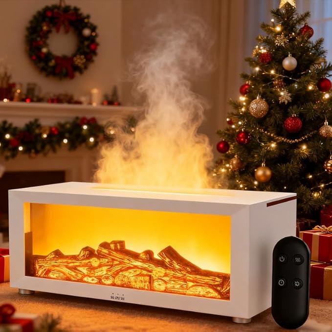Fireplace Flame Oil Aroma Diffuser 2025 Upgraded|7 Color Changing Lights Aromatherapy Air Diffuser|Essential Oil CoolMist Humidifier with Timer&Remote for Home,Office,Bedroom,Yoga,Room Deco (Black)