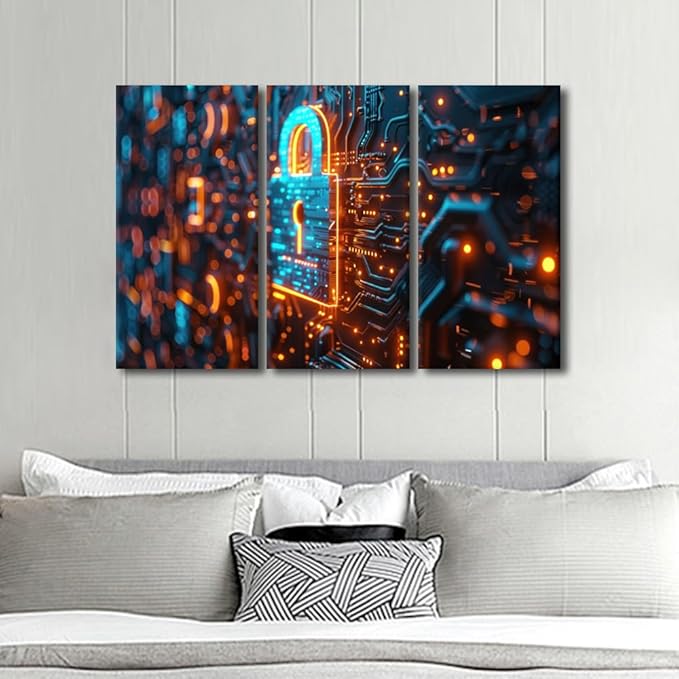 TUMOVO Security Lock Symbol Pictures for Living Room AI Intelligence Paintings 3 Pieces Canvas Wall Art AI Pictures Modern Home Office Decor Framed Ready to Hang Posters and Prints, 42" Wx28 H