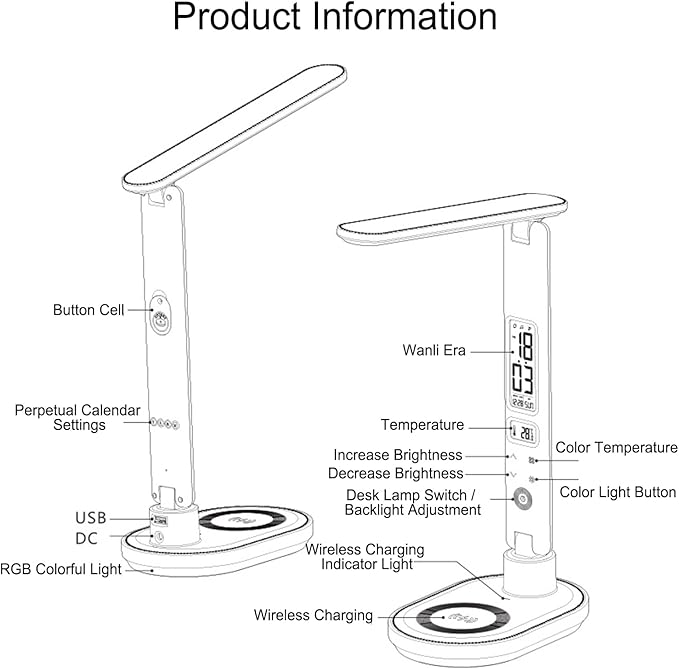 Multi Functional Table Lamp,Multifunctional Foldable Desk Lamp with Wireless Charging, Perpetual Calendar Display, Adjustable Angle, Night Light, and RGB Lighting,U20 White.
