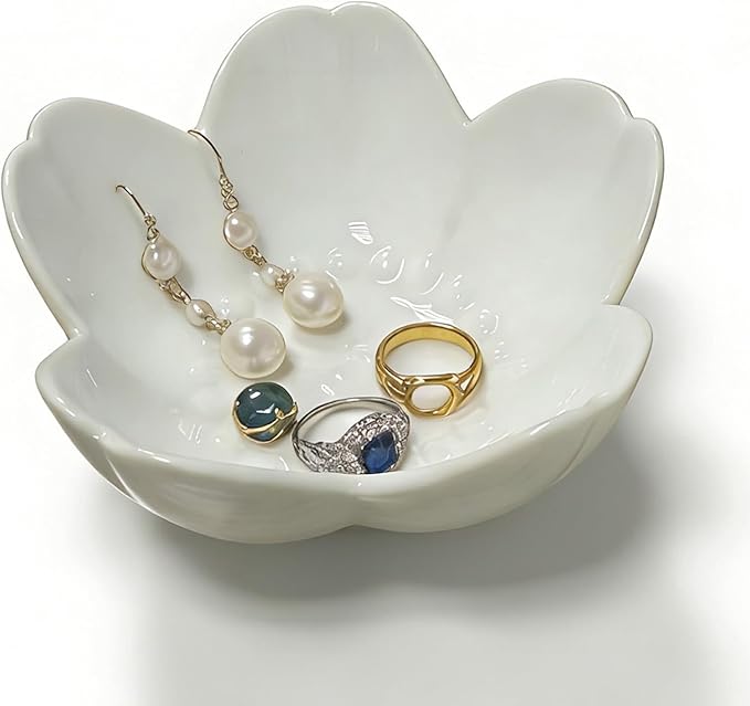 Ceramic Jewelry Dish, White Small Jewelry Bowl, Flower Ring Dsih Decorative Jewlery Tray, Cute Trinket Tray Jewelry Holder for Bathroom Nightstand, Friendship Birthday Gifts for Women Mom