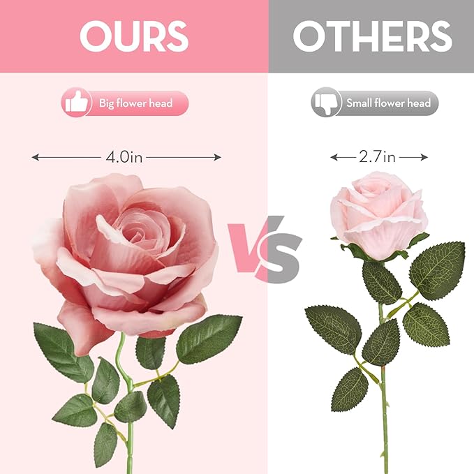Serwalin 20PCS Artificial Roses, 4'' Big Flower Head, Dusty Pink Velvet Long Stem Roses, Silk Fake Roses Bouquet for Wedding Home Decor and Table Centerpiece