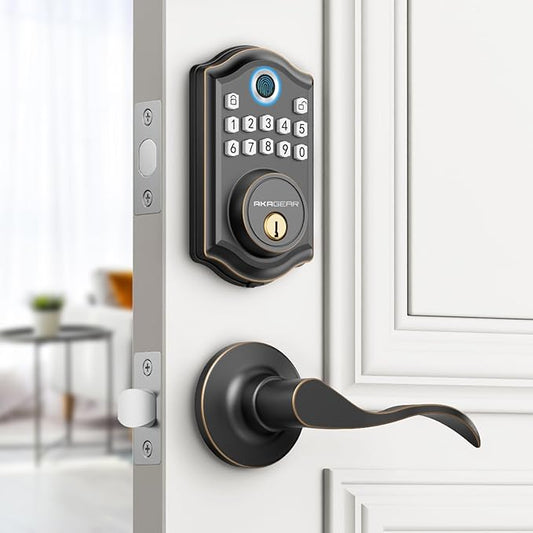 DS10 Keyless Entry Door Lock with 2 Lever Handle, Fingerprint, Keypad Code, 2 Keys, Smart Locks for Front Door, Bedroom, One-time Code, Auto-Lock, Easy Installation - Oil Rubbed Bronze