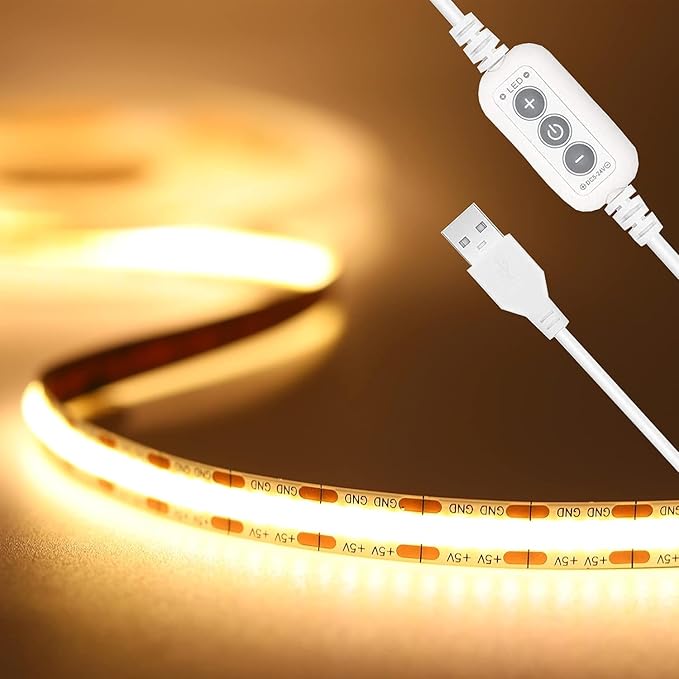 PAUTIX COB LED Strip Light 5V USB 9.84ft/3m 640LEDs 1200lm Dimmable LED Strip Light 3000K Warm White CRI90+ USB TV Backlight,Flexible Under Cabinet Tape Light for Bedroom,Kitchen,Home DIY Lighting