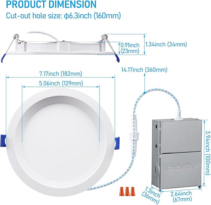TORCHSTAR 8-Pack 5CCT 6 Inch Slim LED Recessed Lighting with J Box, Aluminum, Anti-Glare Baffle Trim, 12W 1000LM, CRI90 Dimmable Ceiling Downlight, Air Tight & IC Rated, 27003000350040005000K, ETL&ES