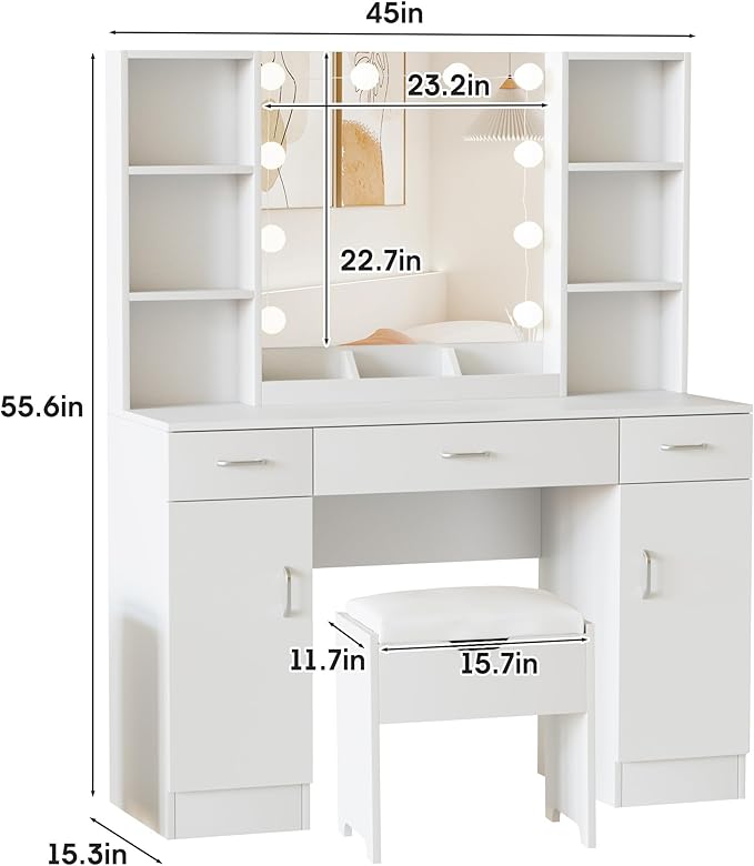 Makeup Vanity Desk with Lighted Mirror, White Vanity Set Makeup Table with 3 Drawers, 2 Cabinets and Storage Stool, Large Vanity 45inch, White