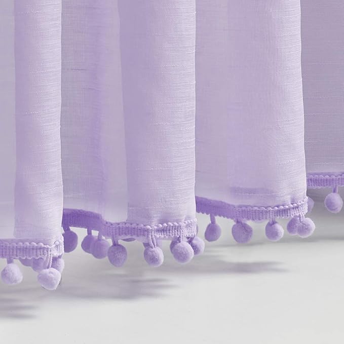 Treatmentex Pom-Pom Sheer Curtains for Girl's Bedroom 84 inches Long Voile Curtain Panels Rod Pocket Lilac 52" w x 2pc
