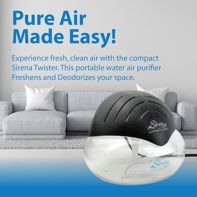 Sirena Twister Air Purifier (Black) - Water Filter Air Washer For Home and Office - Essential Oil Aroma Diffuser With LED Night light - Small Air Cleaner For Smoke and Pets