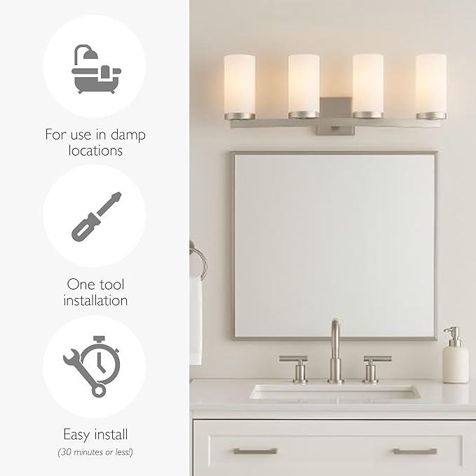 Design House Desta Vanity Light, 4-Light, Curved Bar Design, Frosted Glass Glow, Dimmable, Up/Down Mountable, E26 Socket, Satin Nickel, 30.0 in L x 6.6 in W x 9.5 in H, 589168-SN