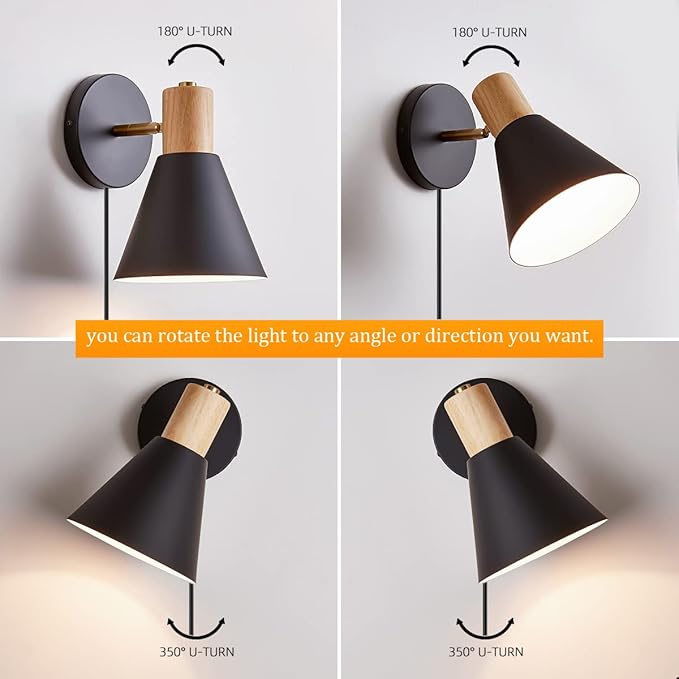 ClanKin Wall Sconces Lighting Set of 2 for Bedroom, Black Dimmable Wood Style Wall Sconce Reading Lamp, Adjustable Wall Light for Bedroom Hallway Living Room (Black-Plug in, 2)