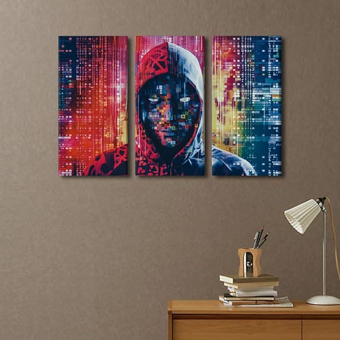 TUMOVO 3 Panel Modern Wall Art Hacker in Mask on Dark Background with Digital Effects Pictures Print on Canvas Wall Art for Home Office Wall Decorations Ready to Hang, 36" Wx24