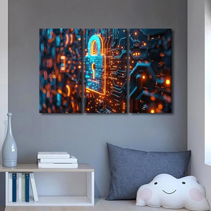 TUMOVO Security Lock Symbol Pictures for Living Room AI Intelligence Paintings 3 Pieces Canvas Wall Art AI Pictures Modern Home Office Decor Framed Ready to Hang Posters and Prints, 42" Wx28 H
