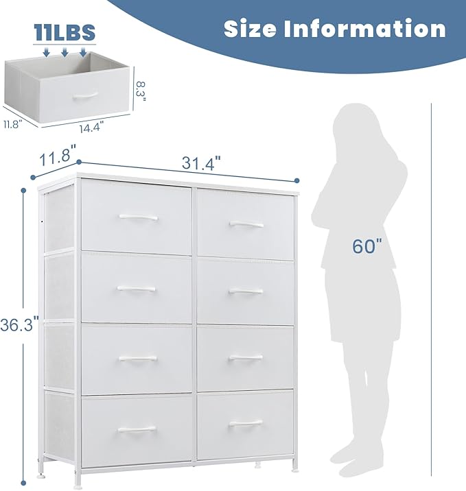 DUMOS Dresser for Bedroom with 8 Fabric Drawers, Tall Chest Organizer Units for Clothing, Closet, Kidsroom, Storage Tower with Cabinet, Metal Frame, Wooden Top, Lightweight Nursery Furniture, White