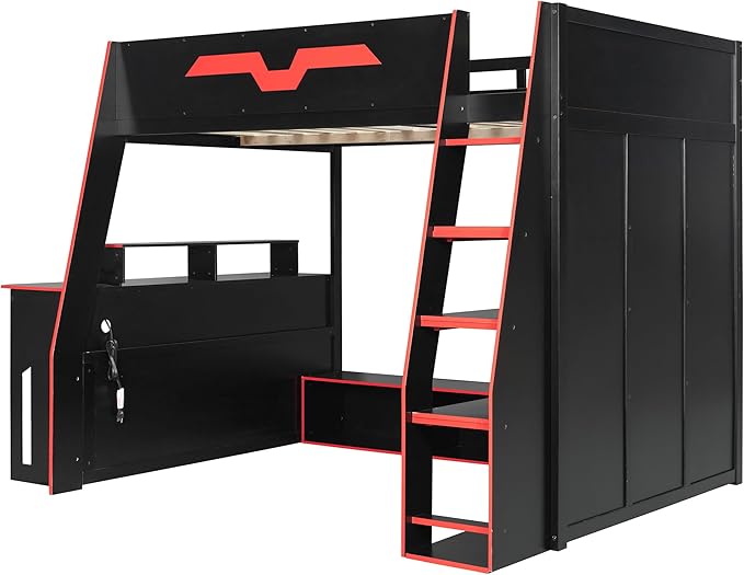LUMISOL Full Size Wood Loft Bed with Desk and Multi-Storage Shelves, Gaming Loft Bed with RGB LED Lights and Adjustable Desk Placement, Space-Saving Game Bedframe with Under-Bed Storage, Red