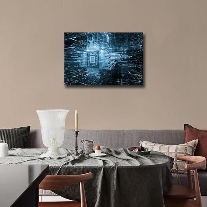 TUMOVO 1 Panel Canvas Prints Virtual Space Wall Art AI Modern Home Decor CPU Symbol Poster Digital Age Living Room Bedroom Decoration Artwork Painting Framed Ready to Hang, 18x12in