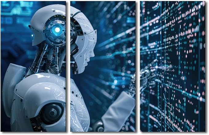 Wall Decorations for Living Room - Big Data Analysis Wall Art Canvas Print Robot Paintings AI Intelligence Art Prints 3 Piece Framed Wall Art Home Office Decor Modern Artwork Ready to Hang, 42"Wx28"H