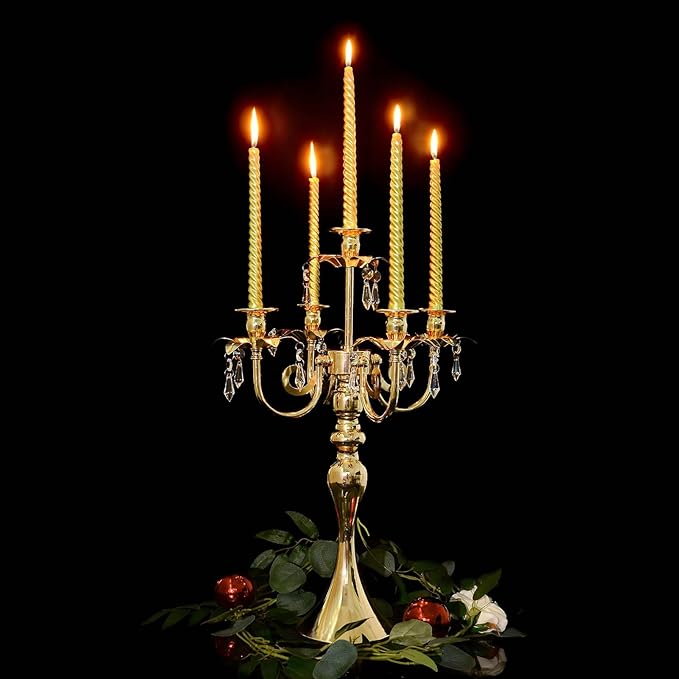 20.3'' Tall 5 Arm Candelabra Centerpiece for Table, Metal Elegant Candle Holder, Retro Candlestick Table Centerpieces for Party, Events, Home, Wedding Decor (4, Gold)
