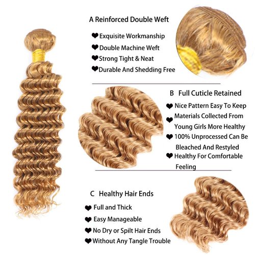 Condescension Brazilian Human Hair Bundles 18 20 22 Inch Deep Wave 3 Bundles Human Hair 100% Unprocessed Remy Brazilian Virgin Weave Hair Honey Blonde 27 for Women