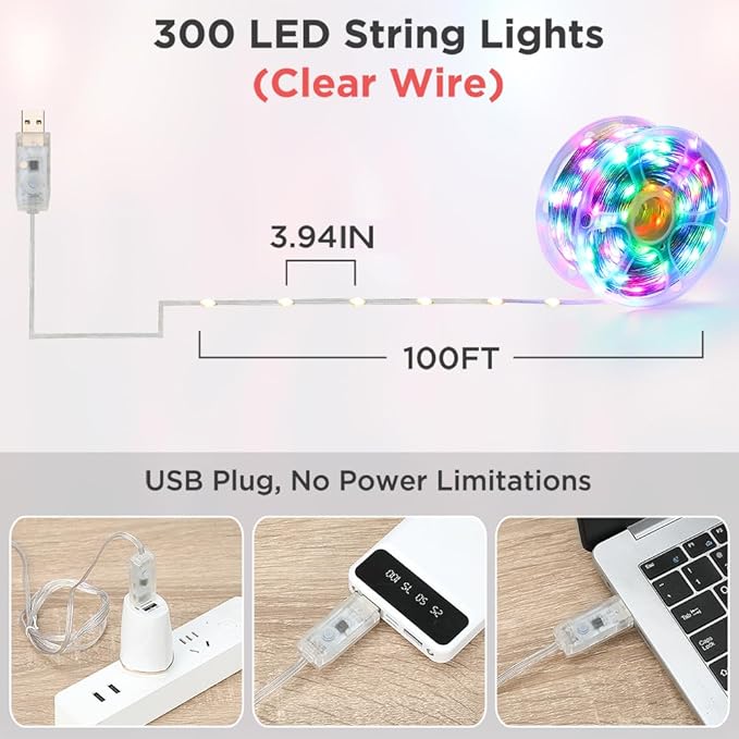 100ft Color Changing Christmas String Lights, 300 LED Twinkle Fairy Lights String Waterproof, 200+ Scene Modes, Smart App & Remote for Indoor Outdoor Christmas Tree Xmas Bedroom Patio Decor