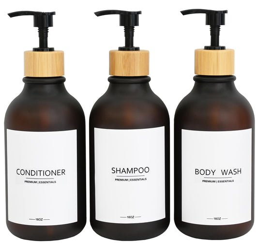 Frosted Plastic Shampoo and Conditioner Bottles, Apothecary Dispenser Bamboo Pump, Refillable Bottles for Shower Lotion, Oil, Hand Soap, Sanitizer, Liquid Soap, Set of 3 with 9 Labels (3, Matte Amber)