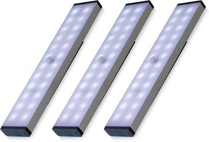 Moss & Stone 3 Pack Motion Sensor Under Counter Lights, Wireless USB Rechargeable Kitchen Night Lights 24-LED, Magnetic Self-Adhesive for Cabinet Lighting & Cupboard Motion Activated Night Light Bar