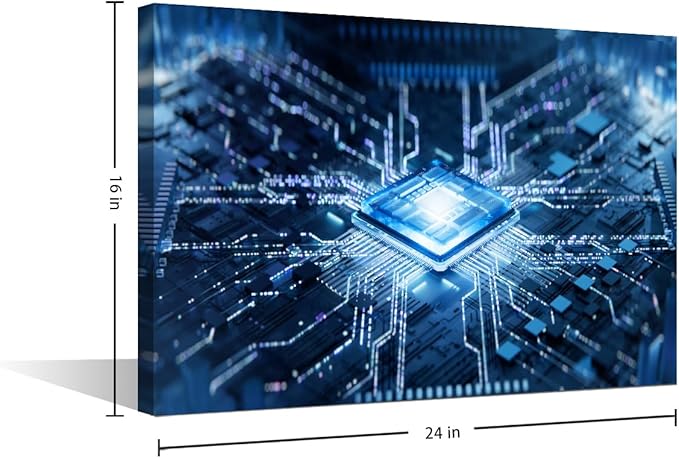 TUMOVO Wall Art for Living Room Technology Digital Art Bedroom Wall Decor Futuristic CPU Wall Paintings for Office Internet Concept Print On Canvas Modern Artwork Framed Ready to Hang, 24x16in