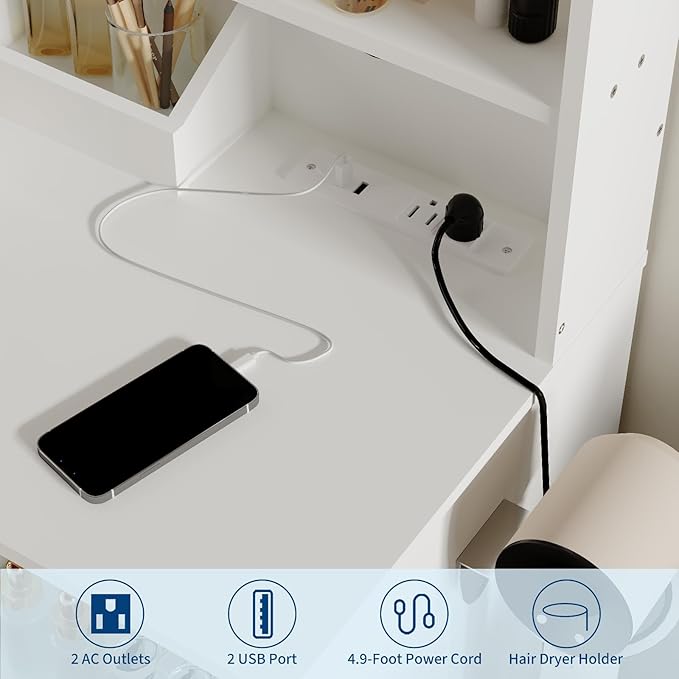 Vanity Desk with Mirror and Lights,Power Outlet,Makeup Vanity Table Set with Storage Drawers Shelves Cabinet& Chair,3 Lighting Modes & Adjustable Brightness,Dressing Table for Bedroom
